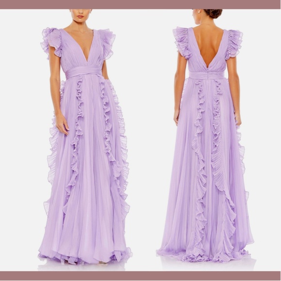 NEW IEENA Mac Duggal [ 12 ] Pleated Ruffle Cap Sleeve‎ Flowy A Gown Lilac Purple - Picture 2 of 16